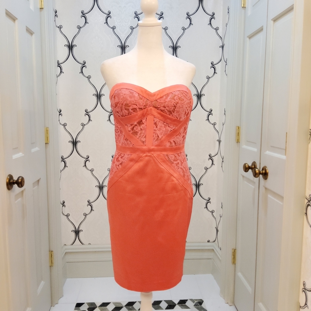 Pink peachy Strapless or Spaghetti strap dress with lace. Size 10